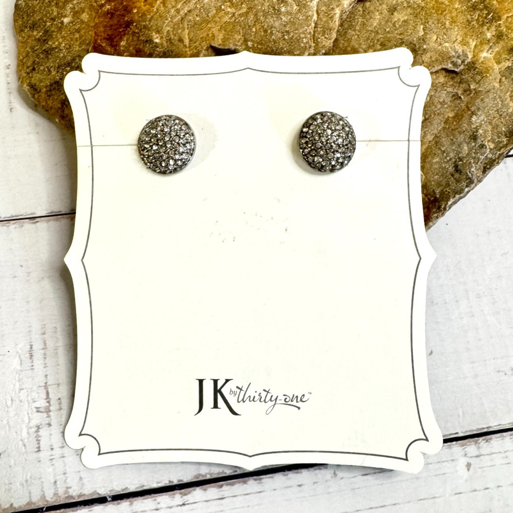 NEW JK by Thirty One Earrings Jewel Kade Round Stud Silver Tone Pave On Card
